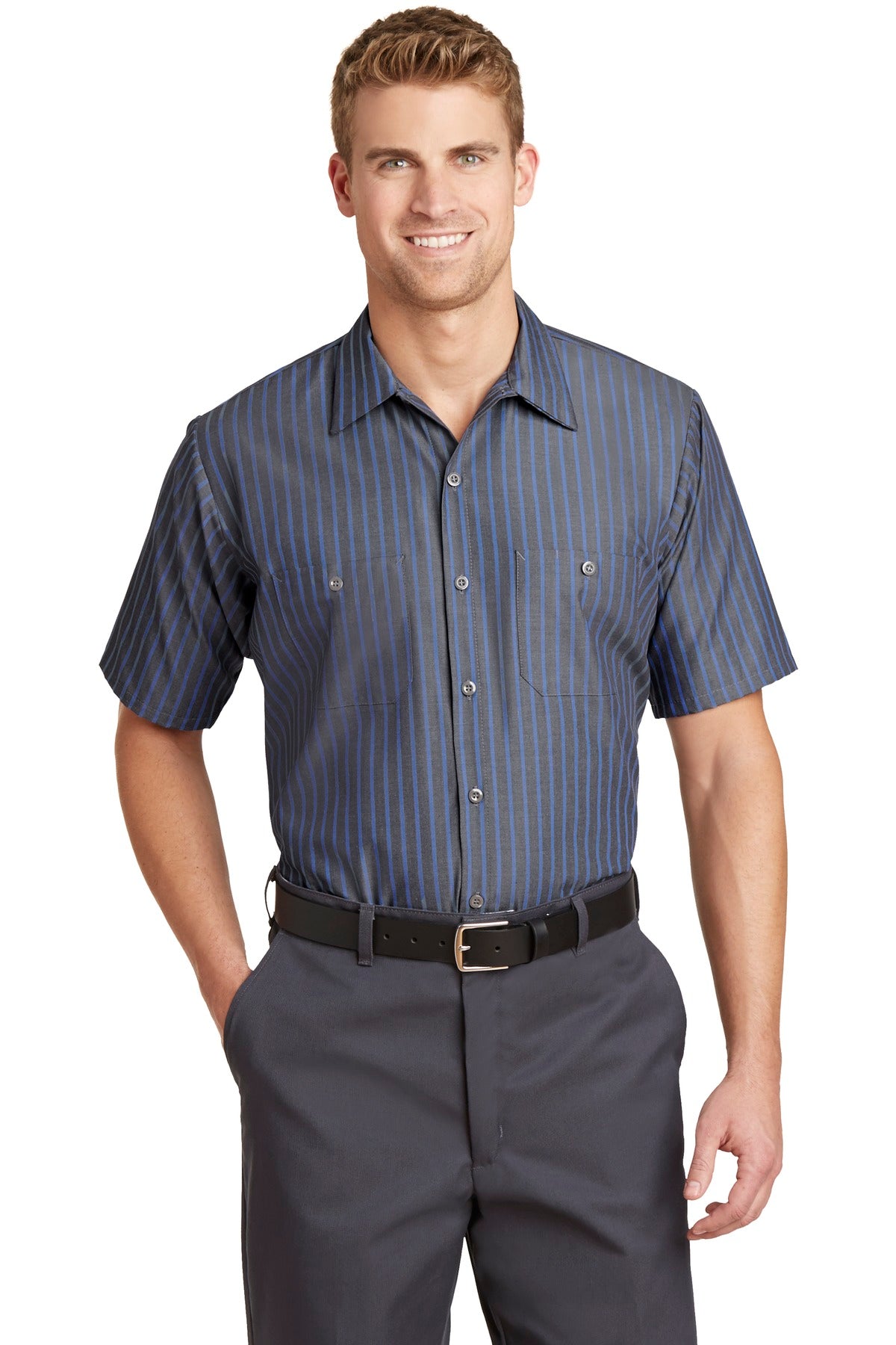 Red Kap Short Sleeve Striped Industrial Work Shirt. CS20